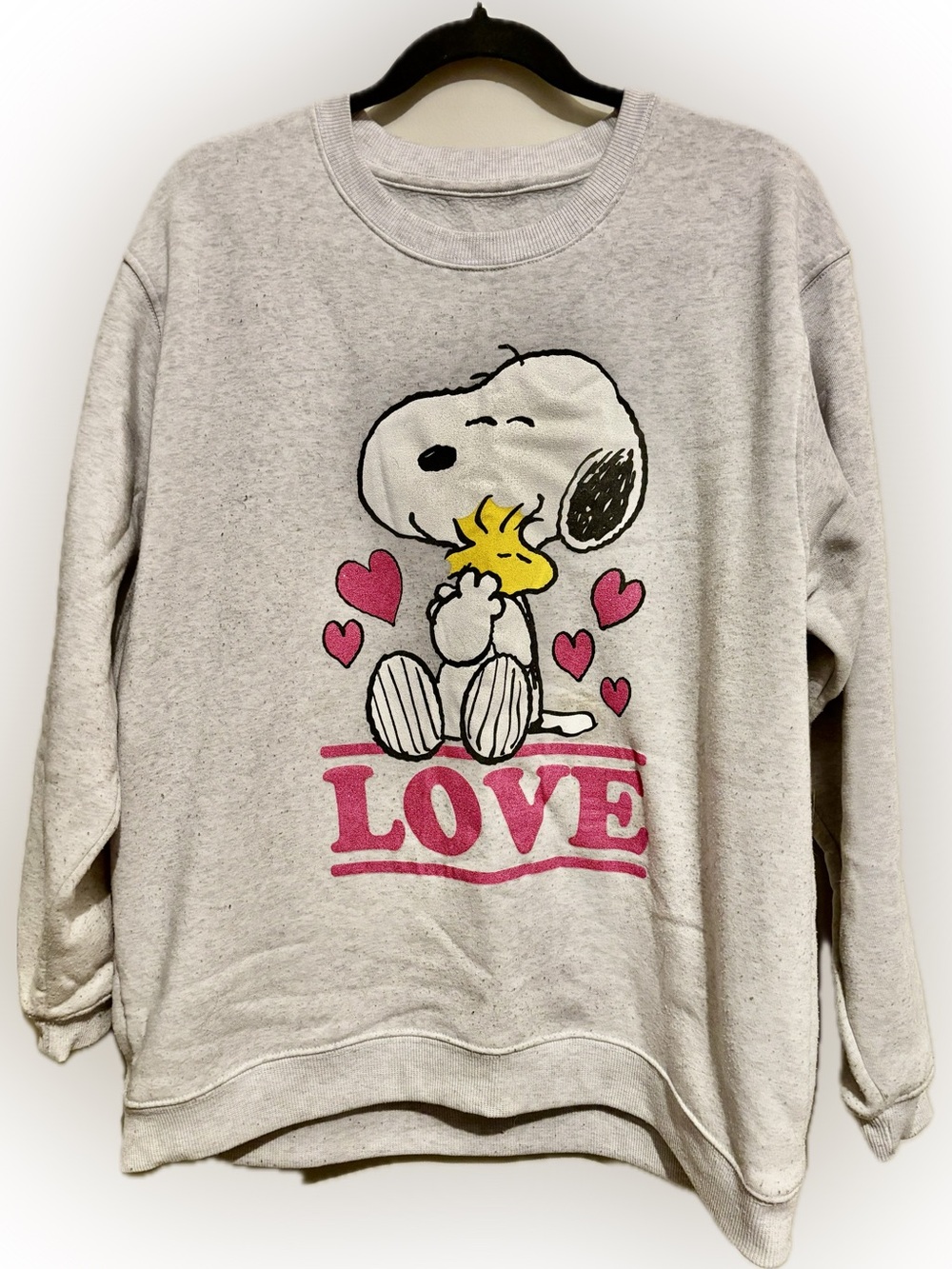 Peanuts Light Gray Snoopy & Woodstock LOVE Crewneck Sweatshirt - Pink Accents